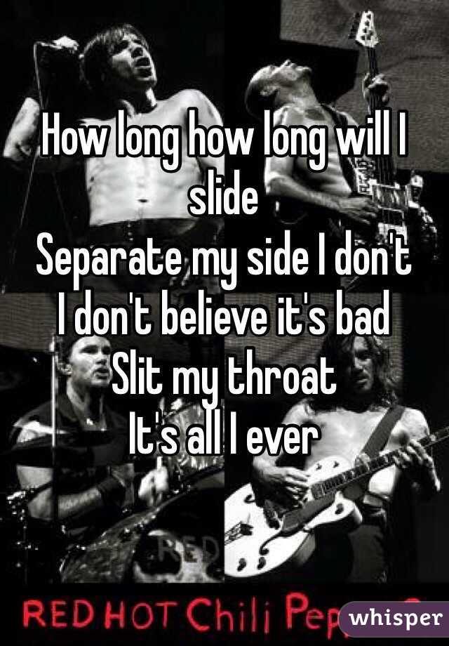 How long how long will I slide
Separate my side I don't
I don't believe it's bad
Slit my throat
It's all I ever
 