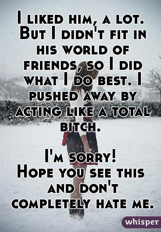 I liked him, a lot. But I didn't fit in his world of friends, so I did what I do best. I pushed away by acting like a total bitch. 

I'm sorry!
Hope you see this and don't completely hate me.