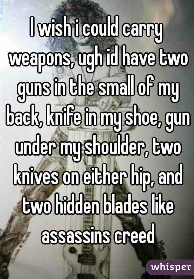 I wish i could carry weapons, ugh id have two guns in the small of my back, knife in my shoe, gun under my shoulder, two knives on either hip, and two hidden blades like assassins creed