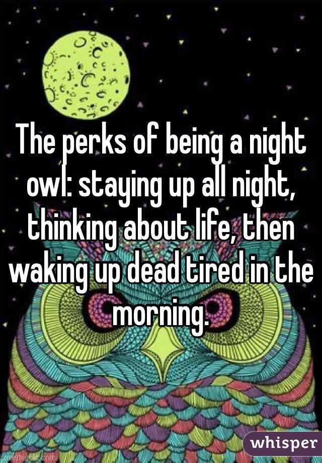 The perks of being a night owl: staying up all night, thinking about life, then waking up dead tired in the morning. 