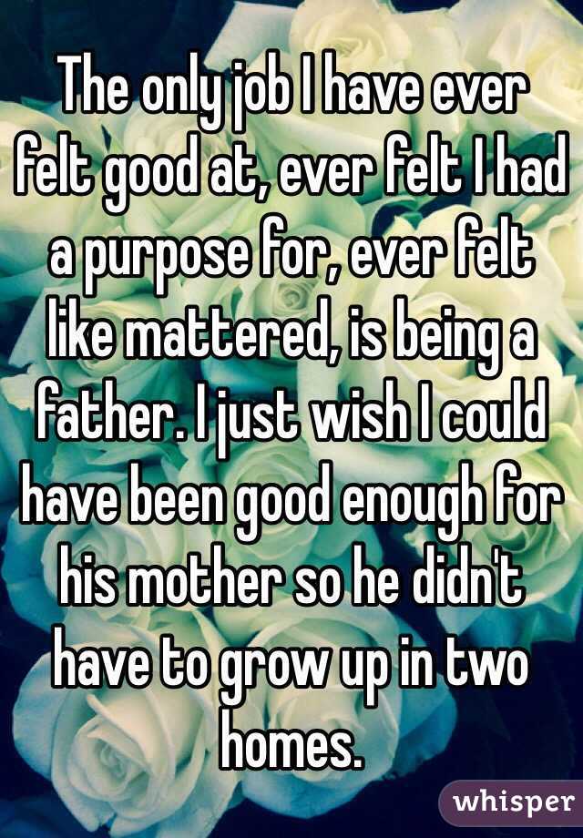 The only job I have ever felt good at, ever felt I had a purpose for, ever felt  like mattered, is being a father. I just wish I could have been good enough for his mother so he didn't have to grow up in two homes.