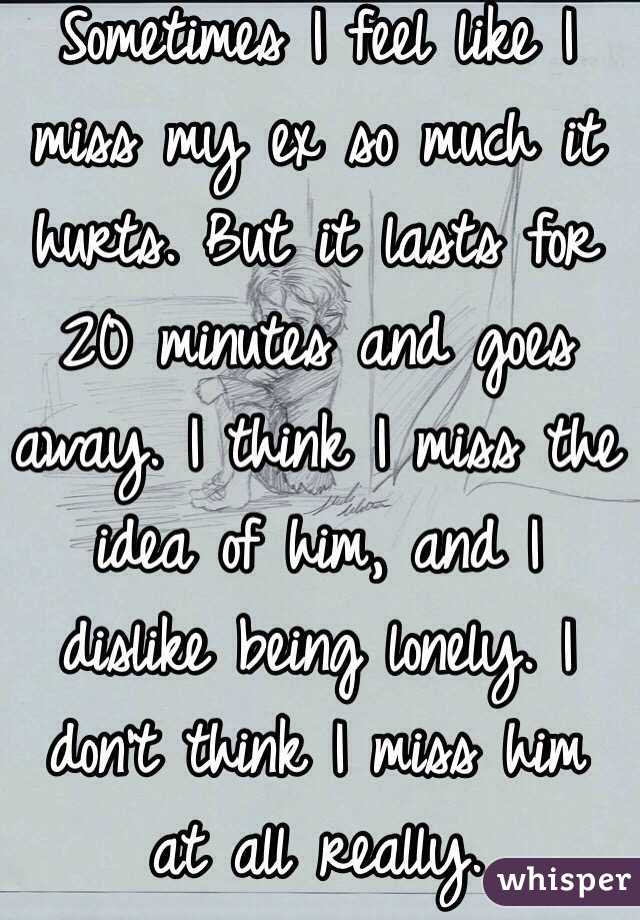 Sometimes I feel like I miss my ex so much it hurts. But it lasts for 20 minutes and goes away. I think I miss the idea of him, and I dislike being lonely. I don't think I miss him at all really.