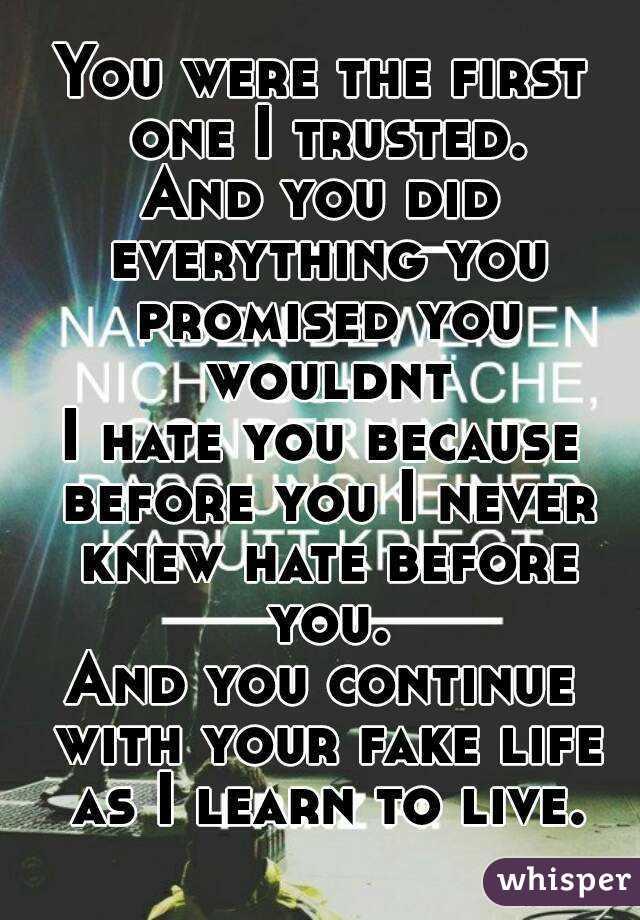 You were the first one I trusted.
And you did everything you promised you wouldnt
I hate you because before you I never knew hate before you.
And you continue with your fake life as I learn to live.