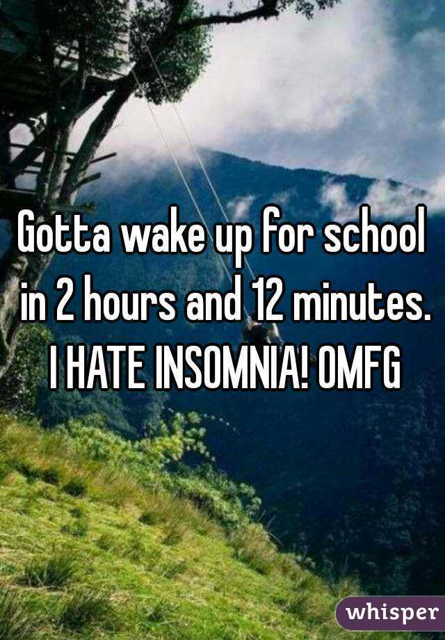 Gotta wake up for school in 2 hours and 12 minutes. I HATE INSOMNIA! OMFG