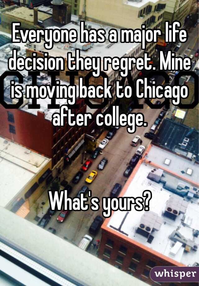 Everyone has a major life decision they regret. Mine is moving back to Chicago after college. 


What's yours?