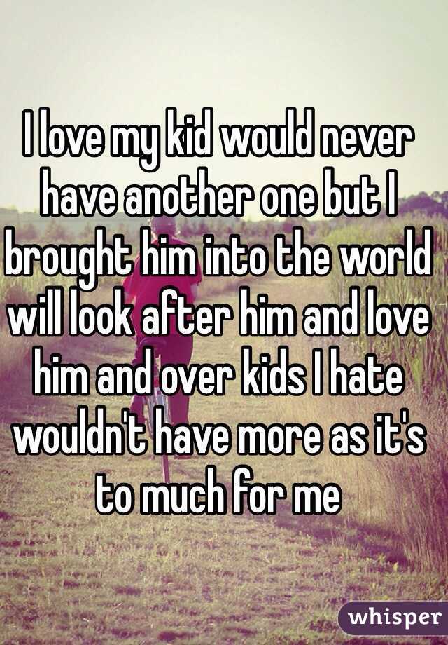 I love my kid would never have another one but I brought him into the world will look after him and love him and over kids I hate wouldn't have more as it's to much for me