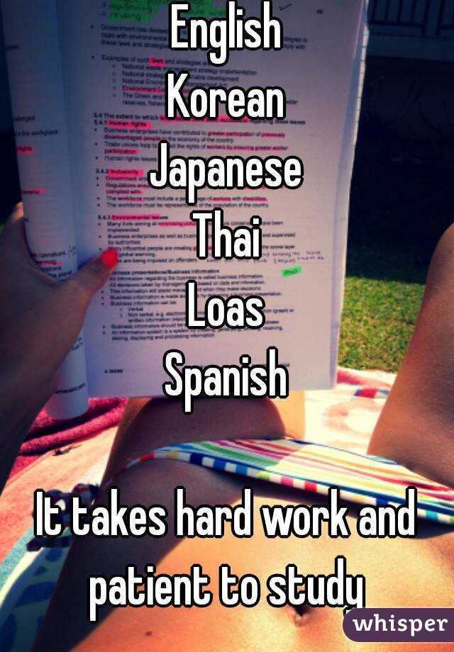 English
Korean
Japanese
Thai
Loas
Spanish

It takes hard work and patient to study 