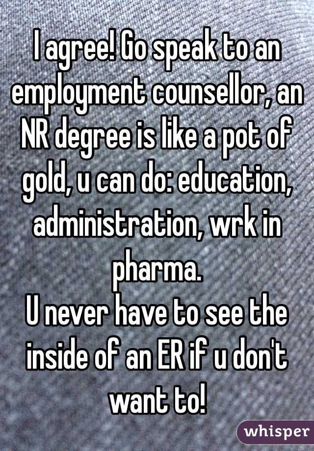 I agree! Go speak to an employment counsellor, an NR degree is like a pot of gold, u can do: education, administration, wrk in pharma.
U never have to see the inside of an ER if u don't want to!