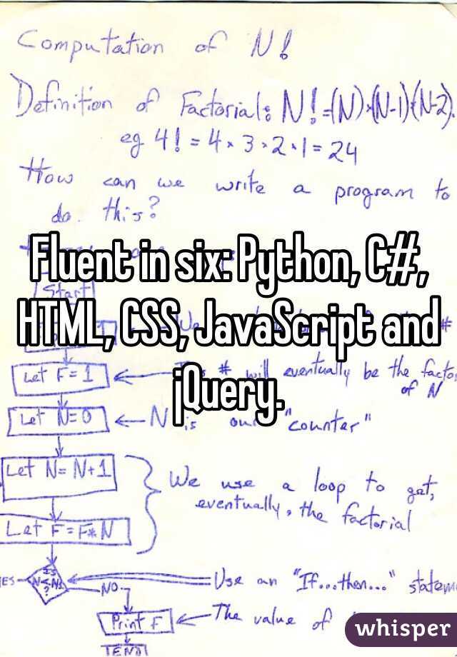 Fluent in six: Python, C#, HTML, CSS, JavaScript and jQuery. 