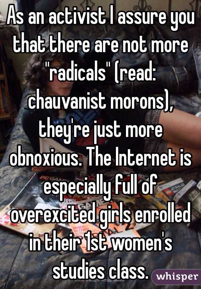 As an activist I assure you that there are not more "radicals" (read: chauvanist morons), they're just more obnoxious. The Internet is especially full of overexcited girls enrolled in their 1st women's studies class.