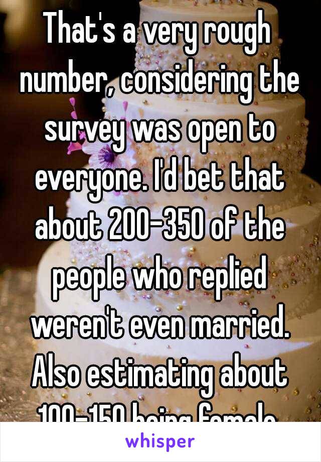 That's a very rough number, considering the survey was open to everyone. I'd bet that about 200-350 of the people who replied weren't even married. Also estimating about 100-150 being female.