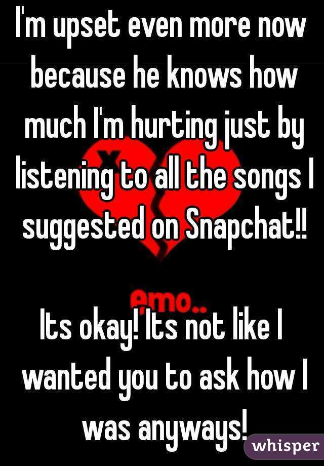 I'm upset even more now because he knows how much I'm hurting just by listening to all the songs I suggested on Snapchat!!

Its okay! Its not like I wanted you to ask how I was anyways!