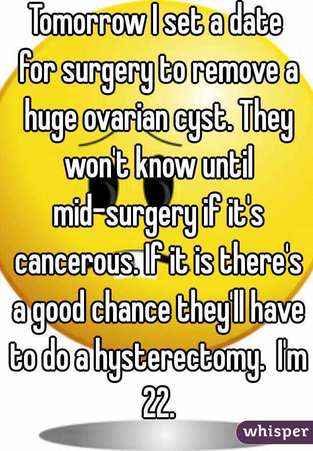 Tomorrow I set a date for surgery to remove a huge ovarian cyst. They won't know until mid-surgery if it's cancerous. If it is there's a good chance they'll have to do a hysterectomy.  I'm 22.