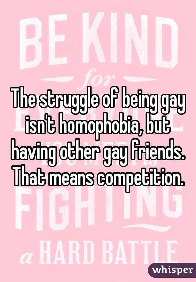 The struggle of being gay isn't homophobia, but having other gay friends. That means competition. 