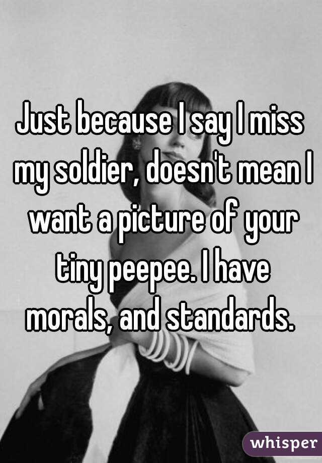 Just because I say I miss my soldier, doesn't mean I want a picture of your tiny peepee. I have morals, and standards. 