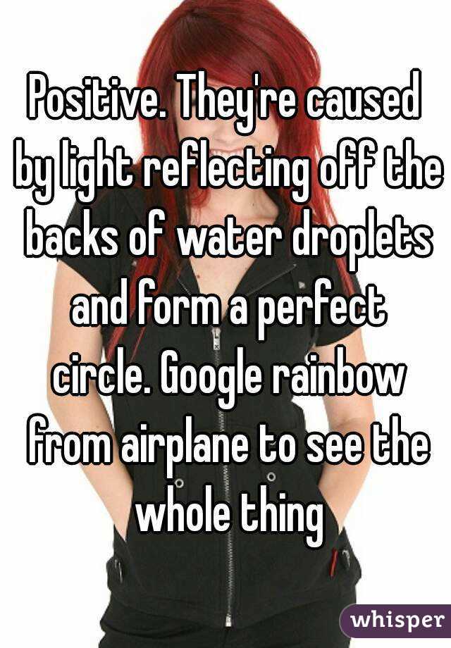 Positive. They're caused by light reflecting off the backs of water droplets and form a perfect circle. Google rainbow from airplane to see the whole thing