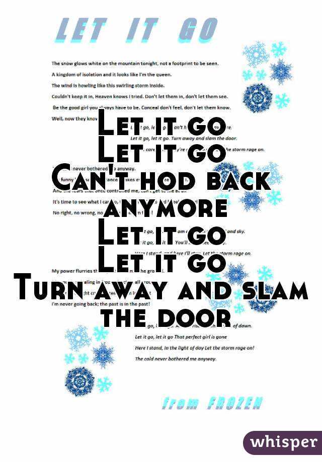 Let it go
Let it go
Can't hod back anymore
Let it go
Let it go
Turn away and slam the door