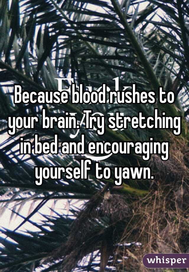 Because blood rushes to your brain. Try stretching in bed and encouraging yourself to yawn.