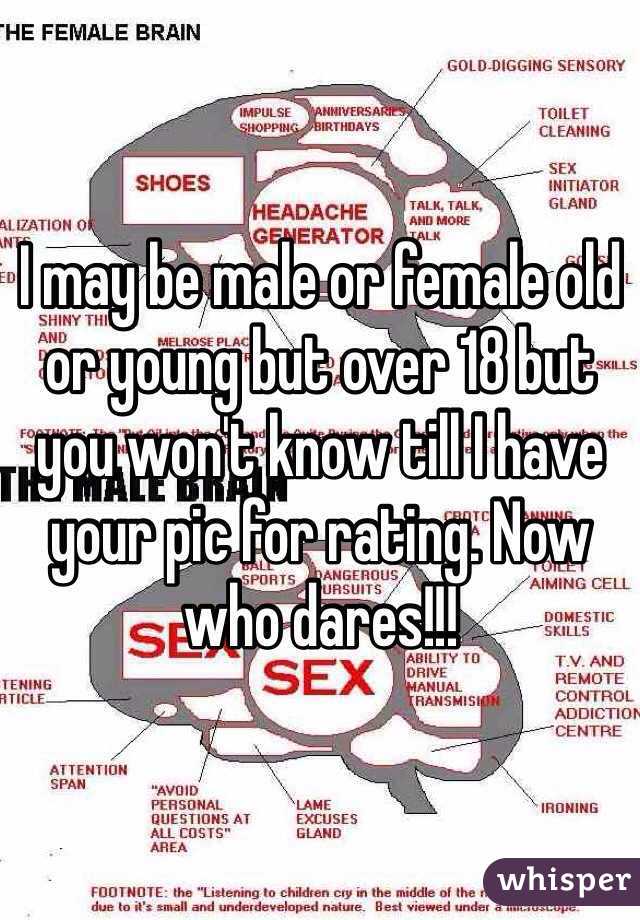 I may be male or female old or young but over 18 but you won't know till I have your pic for rating. Now who dares!!!
