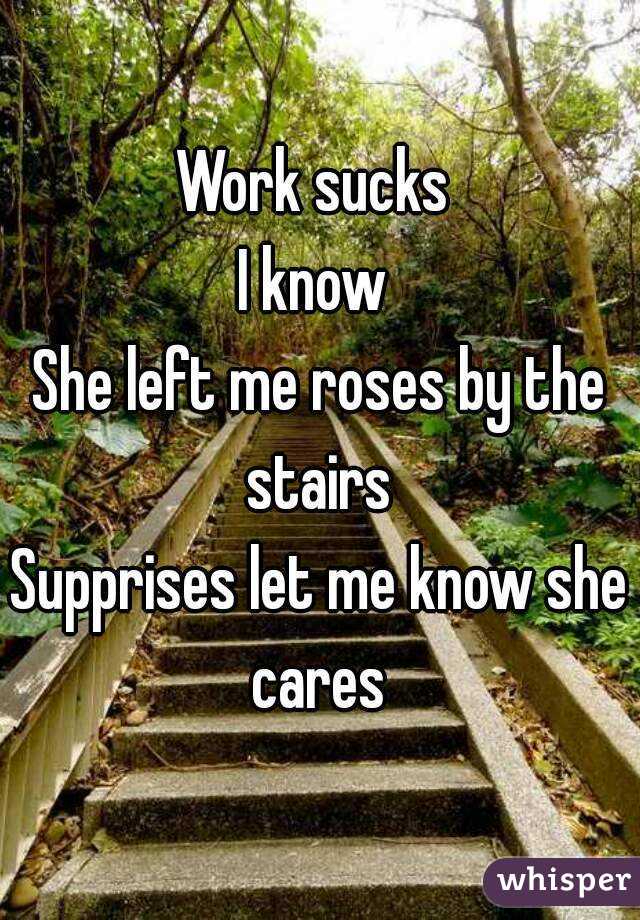 Work sucks 
I know 
She left me roses by the stairs 
Supprises let me know she cares 