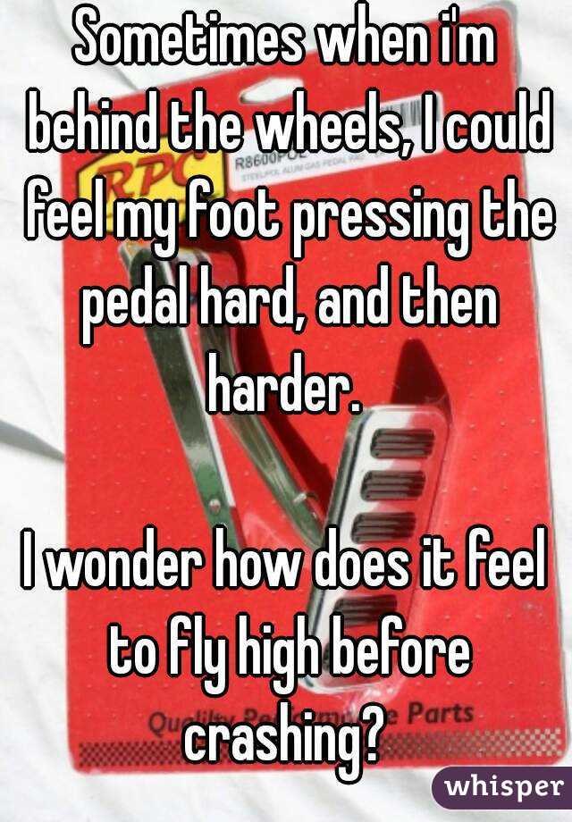 Sometimes when i'm behind the wheels, I could feel my foot pressing the pedal hard, and then harder. 

I wonder how does it feel to fly high before crashing? 