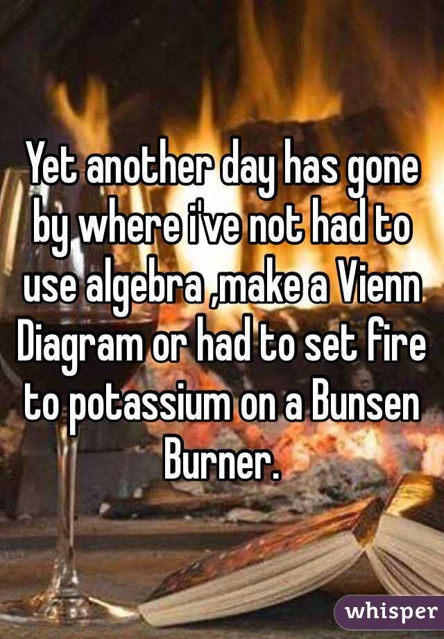 Yet another day has gone by where i've not had to use algebra ,make a Vienn Diagram or had to set fire to potassium on a Bunsen Burner.