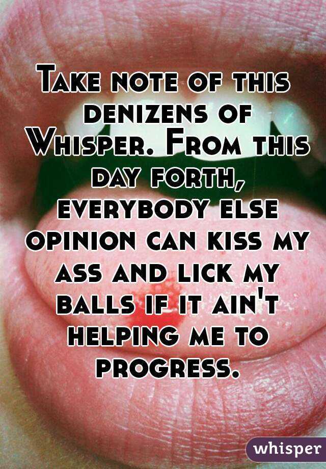 Take note of this denizens of Whisper. From this day forth, everybody else opinion can kiss my ass and lick my balls if it ain't helping me to progress.
