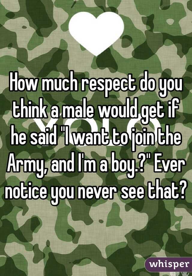How much respect do you think a male would get if he said "I want to join the Army, and I'm a boy.?" Ever notice you never see that? 