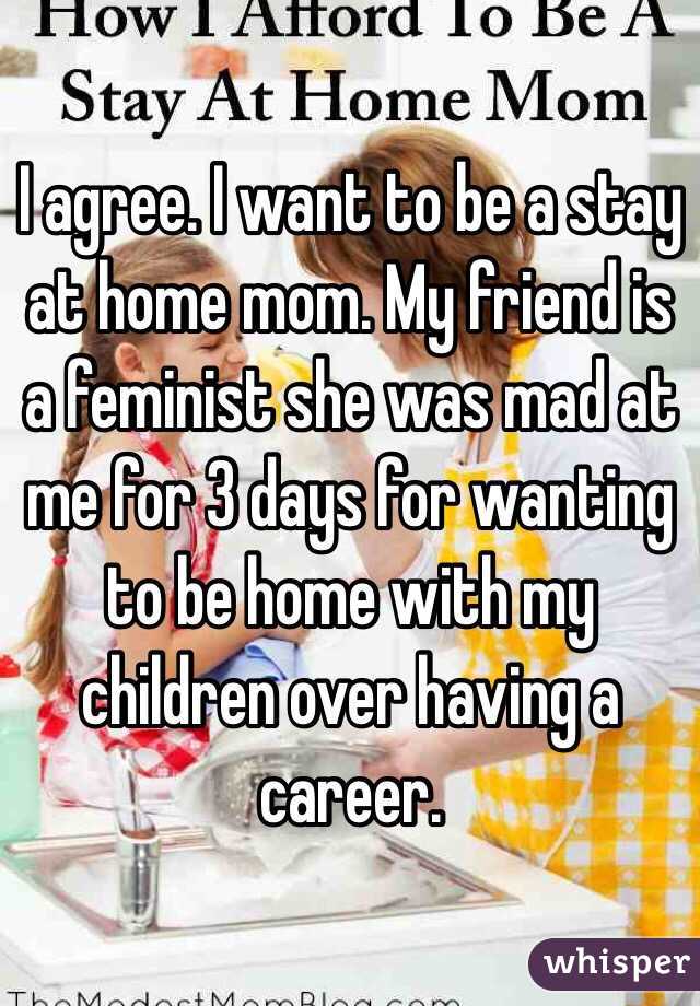 I agree. I want to be a stay at home mom. My friend is a feminist she was mad at me for 3 days for wanting to be home with my children over having a career. 