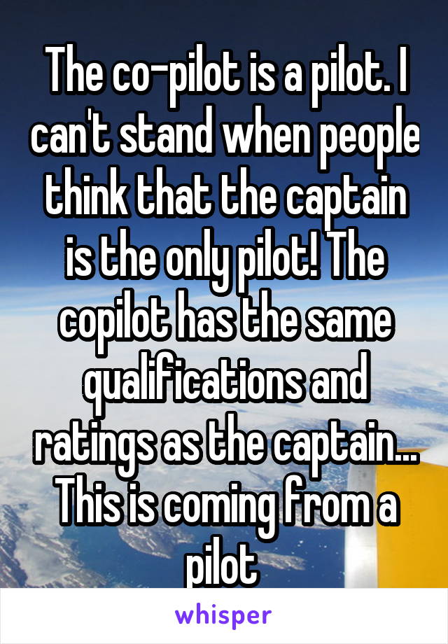 The co-pilot is a pilot. I can't stand when people think that the captain is the only pilot! The copilot has the same qualifications and ratings as the captain... This is coming from a pilot 