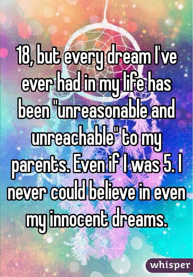 18, but every dream I've ever had in my life has been "unreasonable and unreachable" to my parents. Even if I was 5. I never could believe in even my innocent dreams.