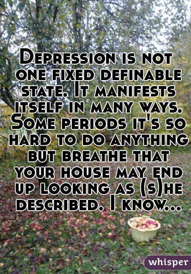 Depression is not one fixed definable state. It manifests itself in many ways. Some periods it's so hard to do anything but breathe that your house may end up looking as (s)he described. I know...