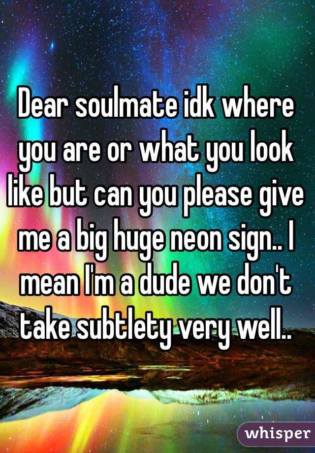 Dear soulmate idk where you are or what you look like but can you please give me a big huge neon sign.. I mean I'm a dude we don't take subtlety very well.. 