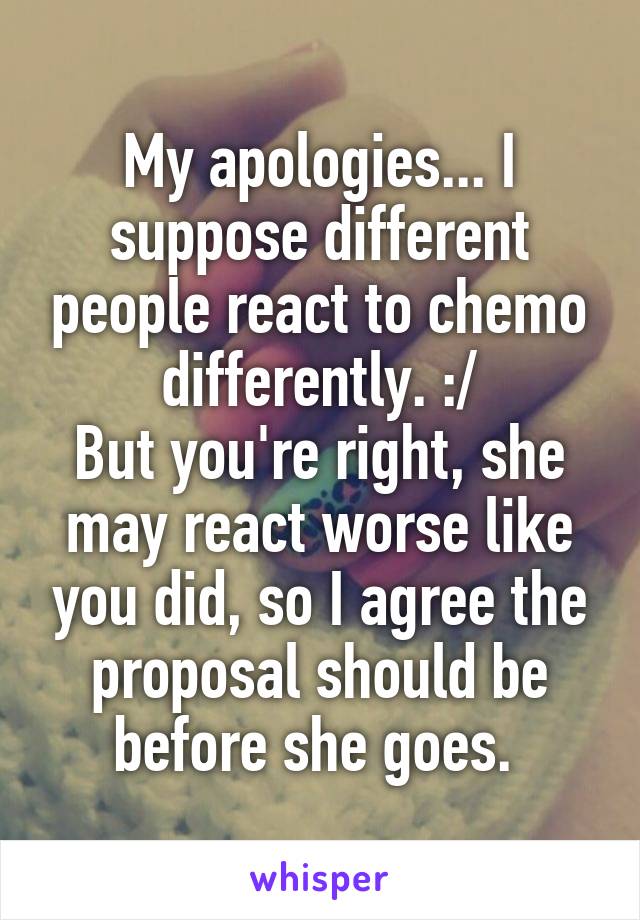 My apologies... I suppose different people react to chemo differently. :/
But you're right, she may react worse like you did, so I agree the proposal should be before she goes. 