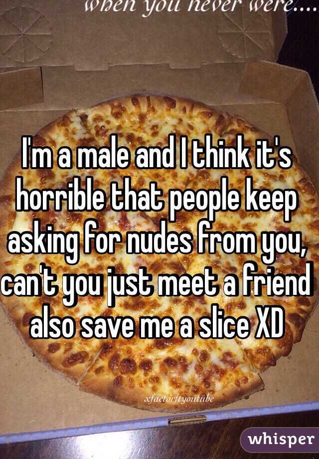 I'm a male and I think it's horrible that people keep asking for nudes from you, can't you just meet a friend also save me a slice XD
