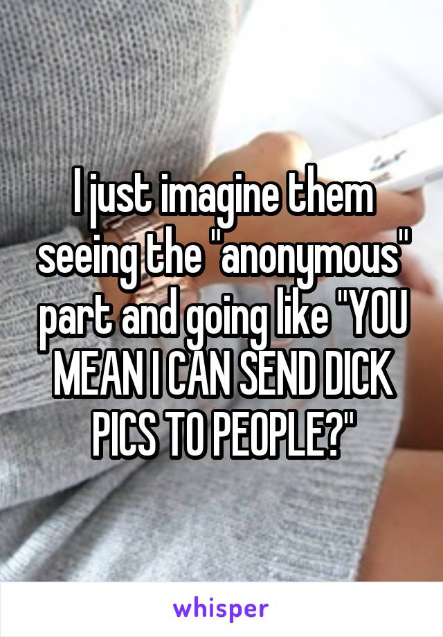 I just imagine them seeing the "anonymous" part and going like "YOU MEAN I CAN SEND DICK PICS TO PEOPLE?"