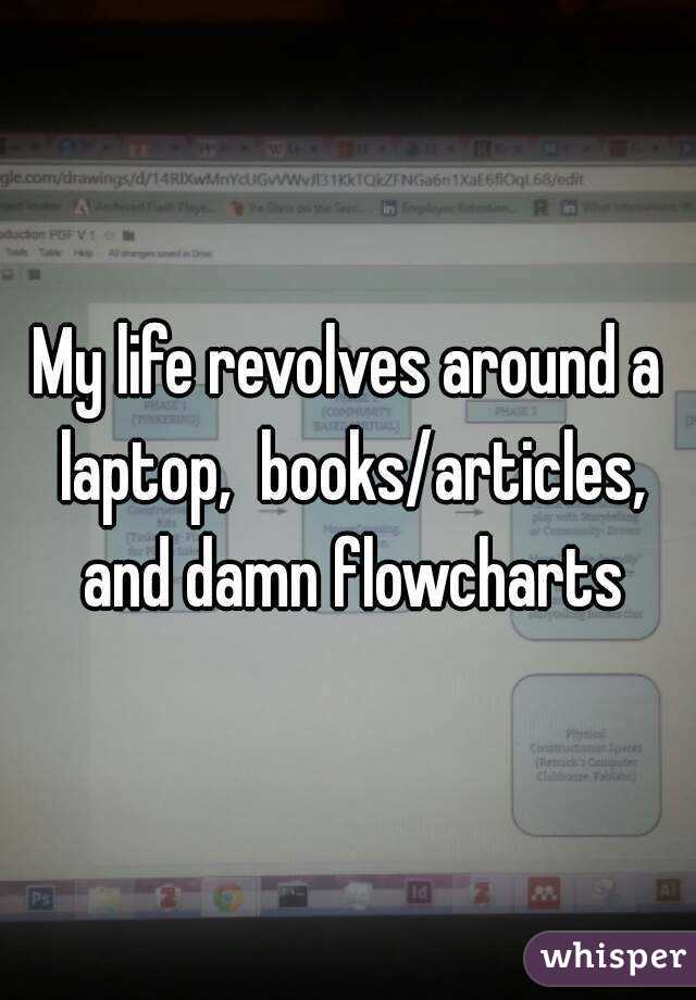 My life revolves around a laptop,  books/articles, and damn flowcharts