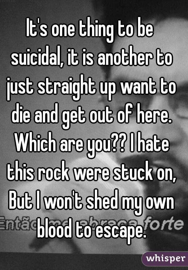 It's one thing to be suicidal, it is another to just straight up want to die and get out of here. Which are you?? I hate this rock were stuck on, But I won't shed my own blood to escape.
