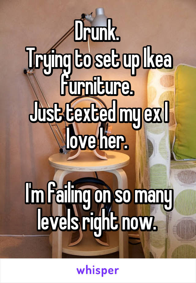 Drunk. 
Trying to set up Ikea furniture. 
Just texted my ex I love her. 

I'm failing on so many levels right now. 

