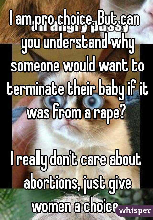 I am pro choice. But can  you understand why someone would want to terminate their baby if it was from a rape? 

I really don't care about abortions, just give women a choice. 