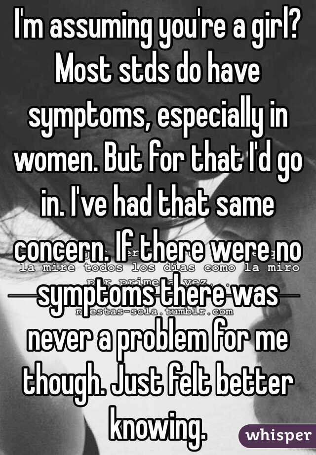 I'm assuming you're a girl?  Most stds do have symptoms, especially in women. But for that I'd go in. I've had that same concern. If there were no symptoms there was never a problem for me though. Just felt better knowing. 