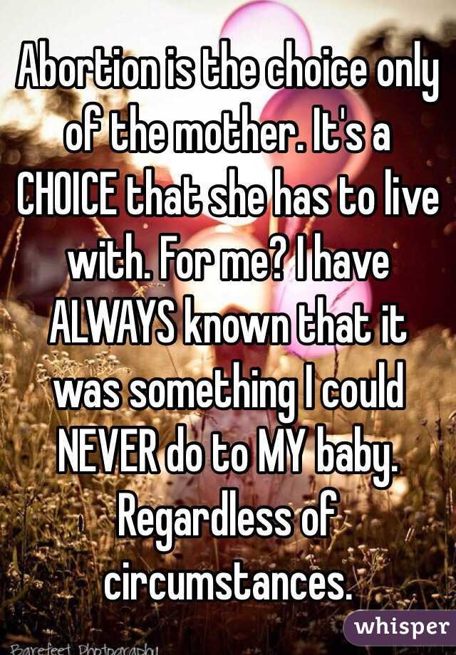 Abortion is the choice only of the mother. It's a CHOICE that she has to live with. For me? I have ALWAYS known that it was something I could NEVER do to MY baby. Regardless of circumstances. 