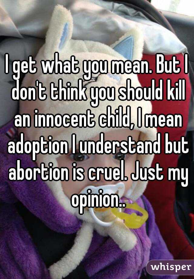 I get what you mean. But I don't think you should kill an innocent child, I mean adoption I understand but abortion is cruel. Just my opinion..