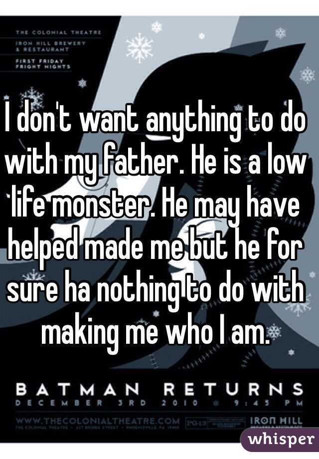 I don't want anything to do with my father. He is a low life monster. He may have helped made me but he for sure ha nothing to do with making me who I am. 