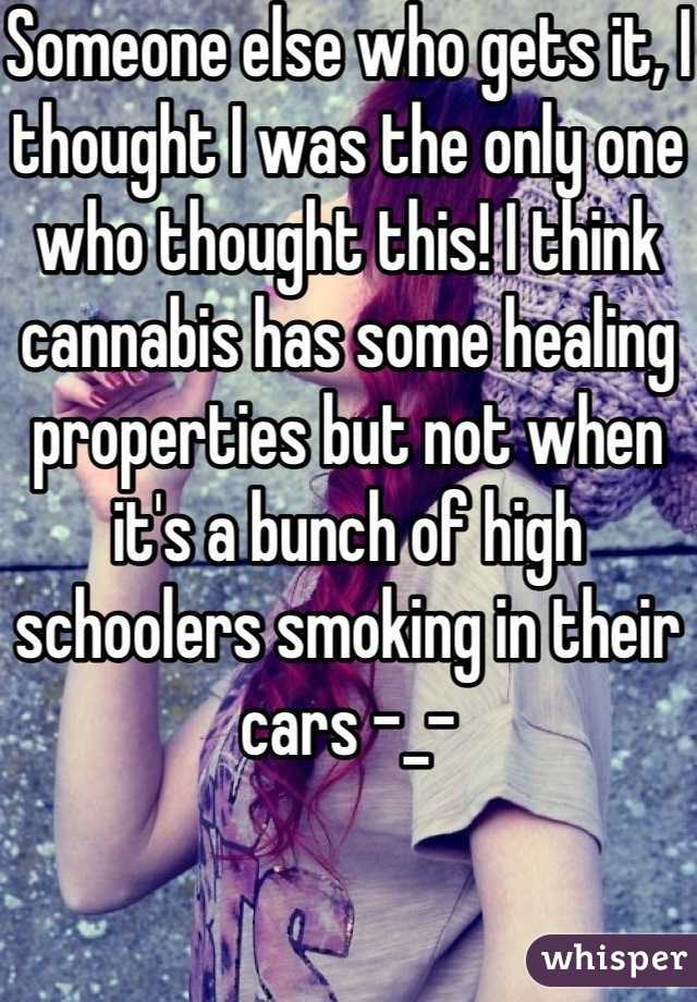 Someone else who gets it, I thought I was the only one who thought this! I think cannabis has some healing properties but not when it's a bunch of high schoolers smoking in their cars -_-