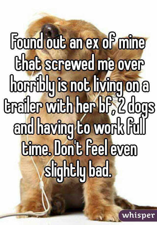 Found out an ex of mine that screwed me over horribly is not living on a trailer with her bf, 2 dogs and having to work full time. Don't feel even slightly bad. 