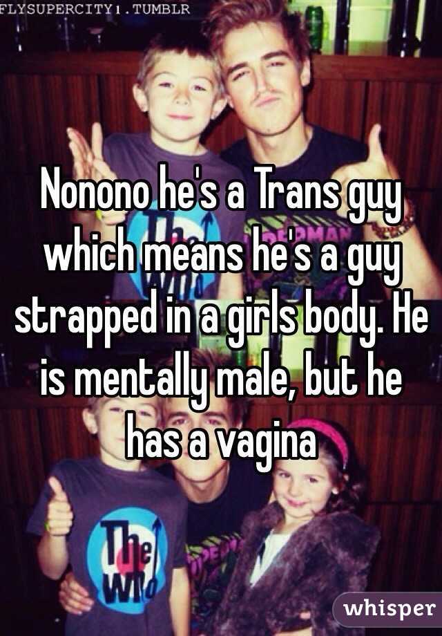 Nonono he's a Trans guy which means he's a guy strapped in a girls body. He is mentally male, but he has a vagina