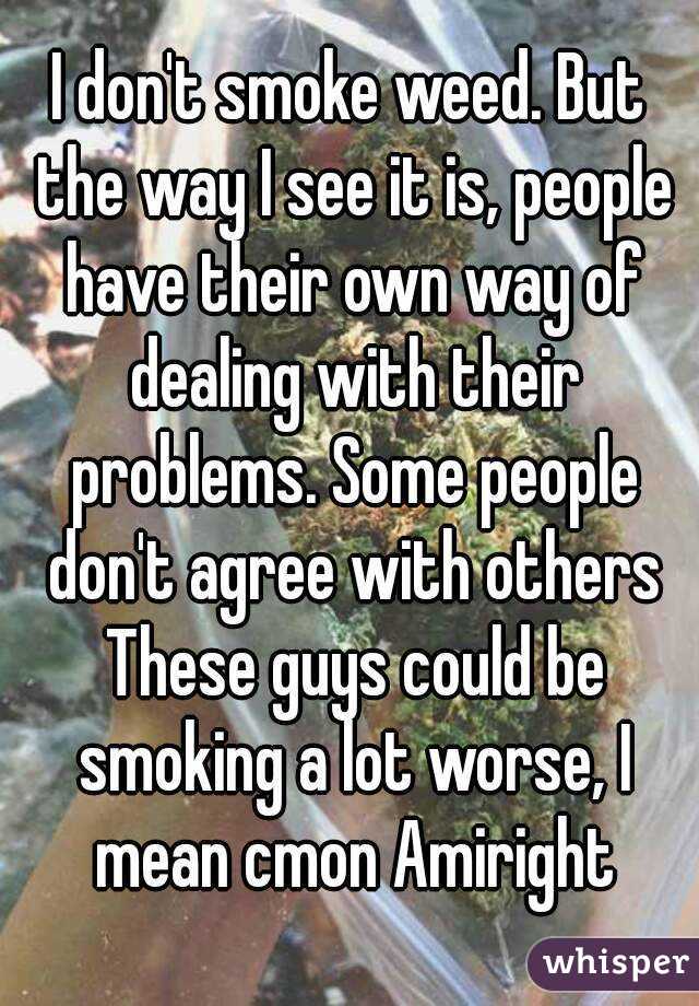 I don't smoke weed. But the way I see it is, people have their own way of dealing with their problems. Some people don't agree with others These guys could be smoking a lot worse, I mean cmon Amiright