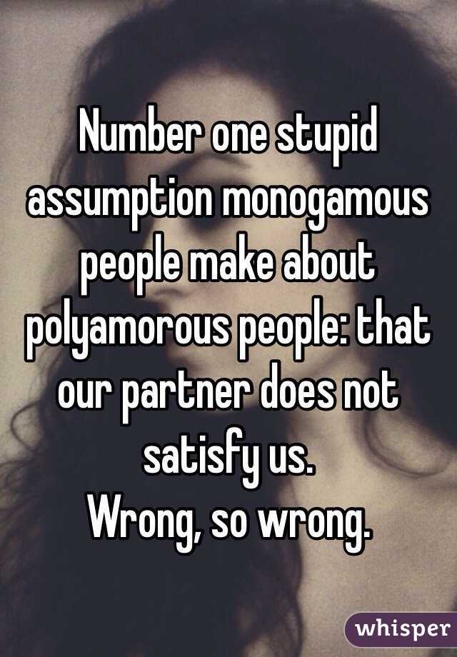 Number one stupid assumption monogamous people make about polyamorous people: that our partner does not satisfy us. 
Wrong, so wrong. 