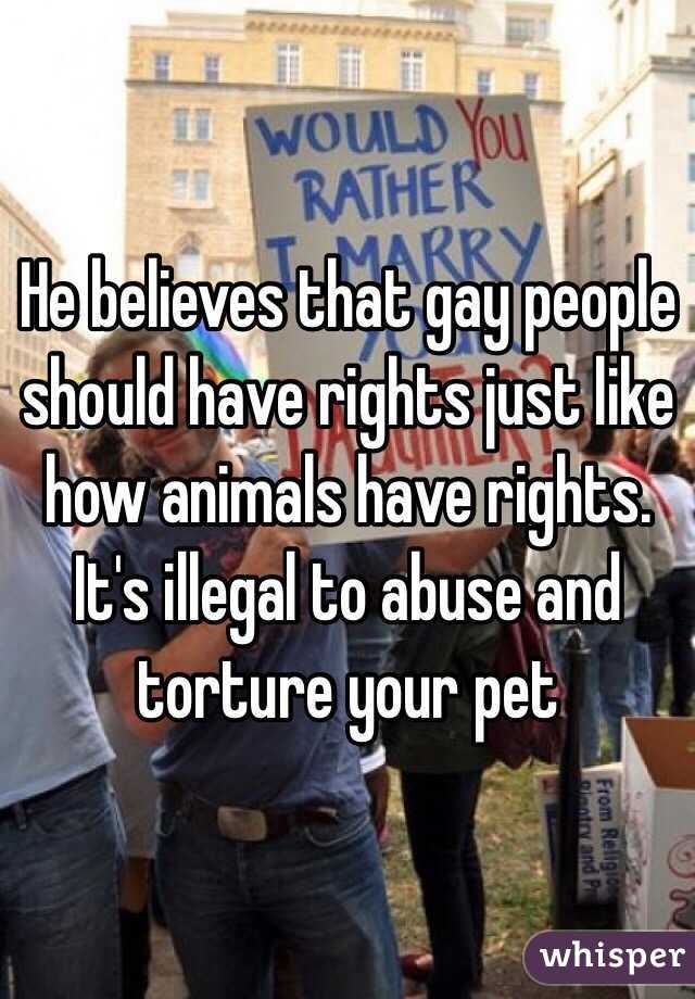 He believes that gay people should have rights just like how animals have rights. It's illegal to abuse and torture your pet 